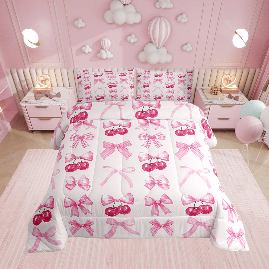 Erosebridal 7Pc Pink And White Bow Comforter Set Full,Pink Bows Bedding Set Sheets Princess Bow Tie Bed Set Cute Girly Bowknot Bed Bag Fitted Sheet