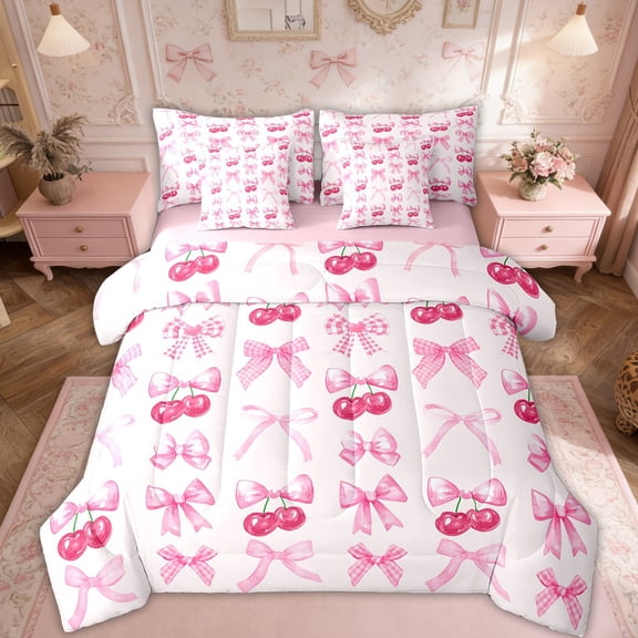 Erosebridal Pink Plaid Bow Bedding Set Cute Bowknot Queen Bed Sets for Teen Girls 7 Piece Grids Ribbon Bow Cherry Bed In A Bag With Sheets Kawaii Watercolor Comforter Set Women Room Decor