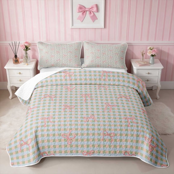 Erosebridal Pink Plaid Bow Tartan Twin Quilt Set for Girls, Girly Checkered Preppy Print Twin Coverlet Set, 2-Piece 1 Bedspread and 1 Pillowcase