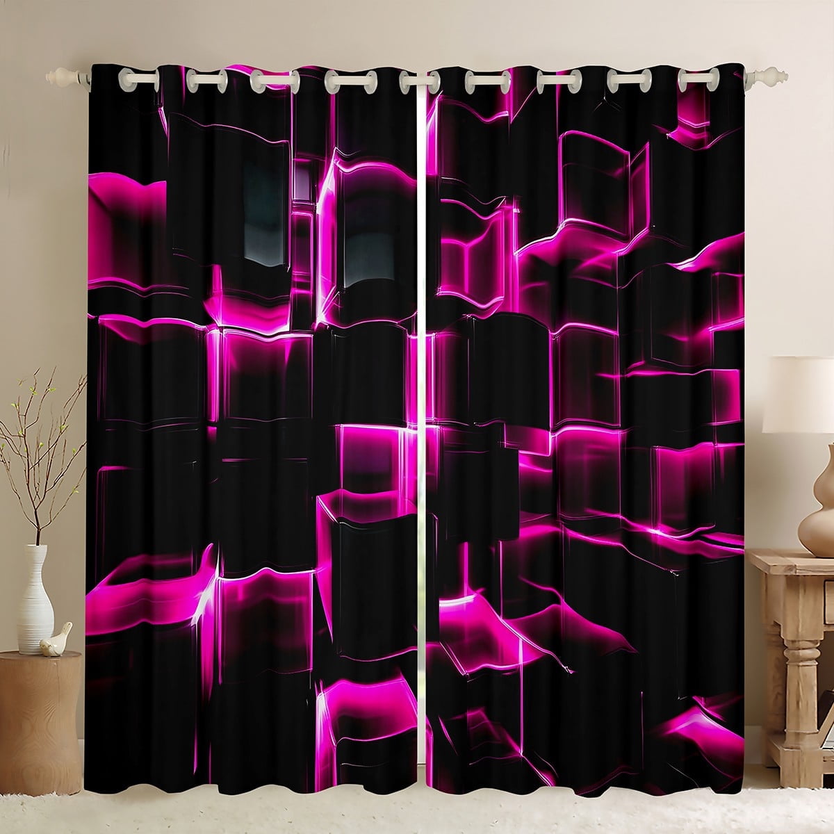 Erosebridal Pink Plaid Curtains and Drapes (38Wx54L),Futuristic Cubes 30%-50% Blackout Curtains for Bedroom,Curtains for Living Room,Buffalo Decoration