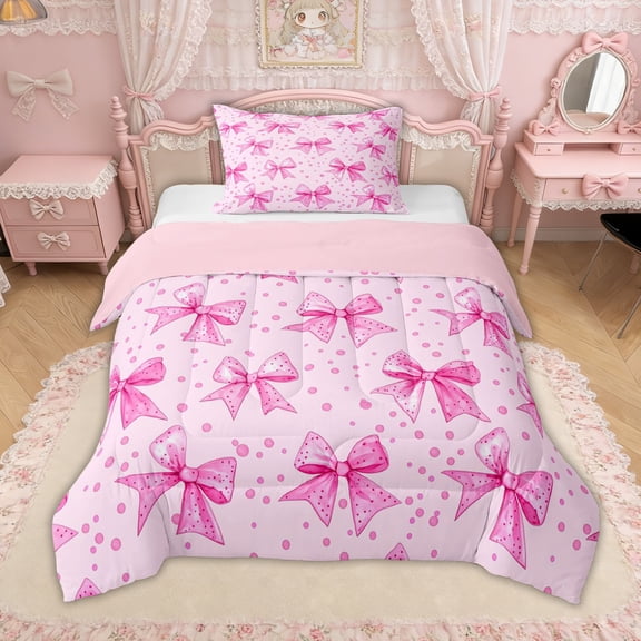 Erosebridal Pink Polka Dot Bow Twin Comforter Sets for Girls, Princess Ribbon Bedding Set for Women, Pink Reversible, 2pcs