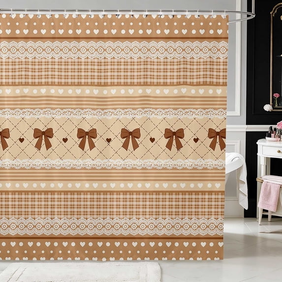 Erosebridal Pink Polka Dot Plaid Bow Shower Curtain 72Wx72L for Girls, Girly Checkered Heart Lace Waterproof Bathroom Curtain
