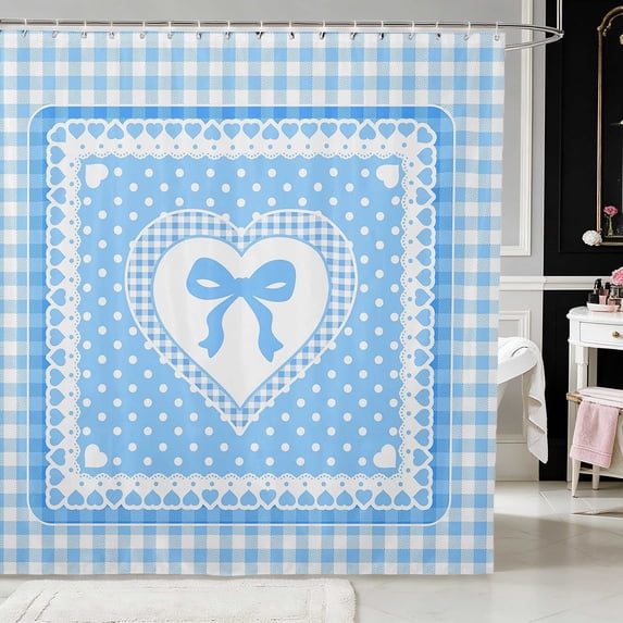 Erosebridal Pink Polka Dot Plaid Bow Shower Curtain 72Wx78L for Girls, Girly Checkered Heart Lace Waterproof Bath Curtain