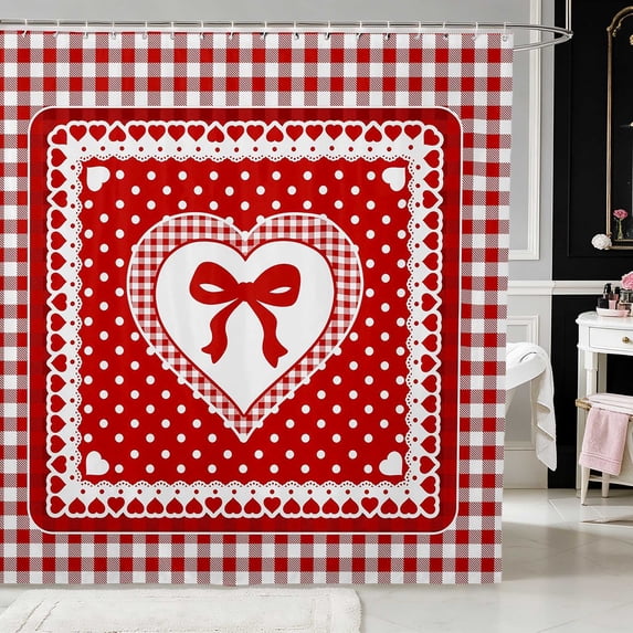 Erosebridal Pink Polka Dot Plaid Bow Shower Curtain 72Wx84L for Girls, Girly Checkered Heart Lace Waterproof Bathroom Shower Curtain