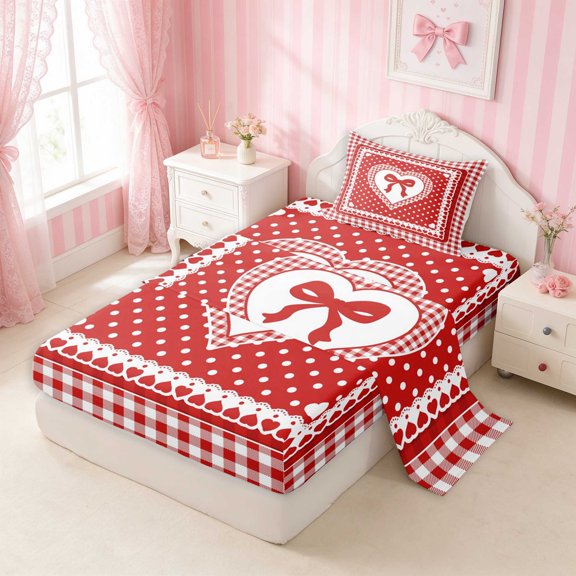 Erosebridal Pink Polka Dot Plaid Bow Twin Sheets for Girls, Girly Checkered Heart Lace Bedding, 3pcs (1 Flat Sheet, 1 Fitted Sheet and 1 Pillowcase)