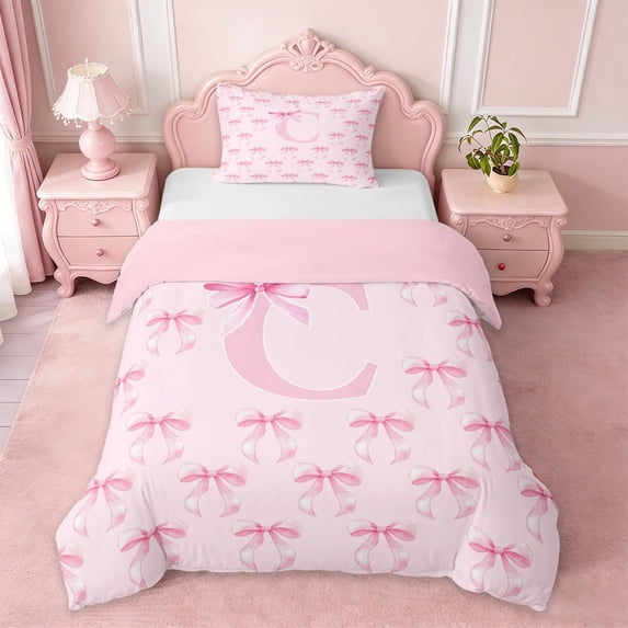 Erosebridal Pink Princess Bow Twin Bedding For Teen Girls,Cartoon Letter C Monogrammed Duvet Cover Set,Pink Reversible,2 Pieces(No Comforter)