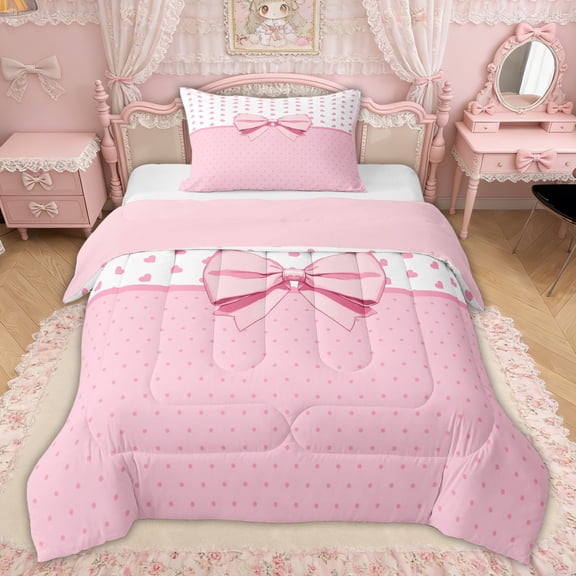 Erosebridal Pink Princess Bow Twin Comforter Sets, Polka Dot Love Heart Bedding Set for Girls Kids Teens, Pink Reversible, 2pcs
