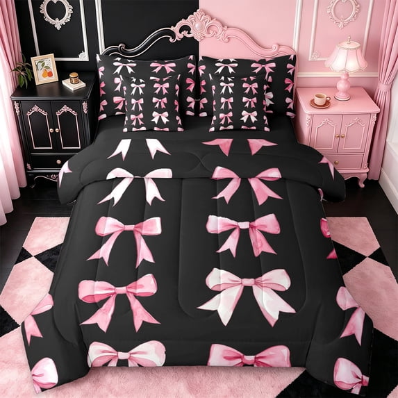 Erosebridal Pink Princess Bowknot 7 Pieces Bedding Comforter Set For Girls,Cute Coquette Bow Tie Full Bedding Set For Kids,Black Reversible