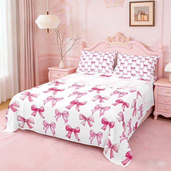 Erosebridal Pink Princess Bowknot Bed Sheets For Girls,Cartoon Bow Kids King Sheets 4 Pieces