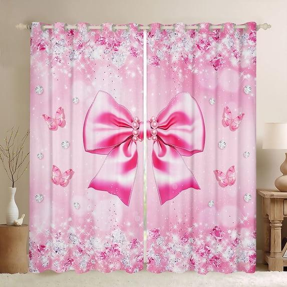 Erosebridal Pink Princess Bowknot Black Out Curtains For Girls,3D Glitter Print Diamond Kids Curtains Pack of 2 (42x63 Each)