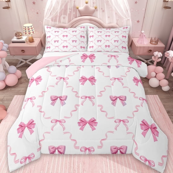 Erosebridal Pink Princess Bowknot Full Size Comforter Sets,Chic Ribbon Bow Bedding Sets For Kids,Reversible pink,3-Piece