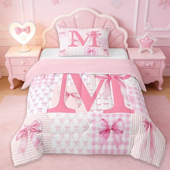 Erosebridal Pink Princess Bowknot Kids Twin Comforter Sets,Bowtie Theme Initial M Alphabet Bedding Set For Girls,Pink Reversible,2-Piece