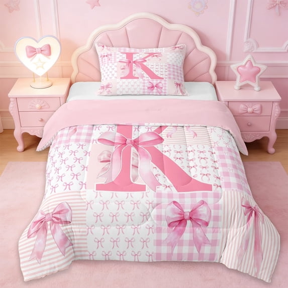 Erosebridal Pink Princess Bowknot Twin Comforter Sets,First Letter K Bedding Set For Girly,Pink Reversible,2 Pieces