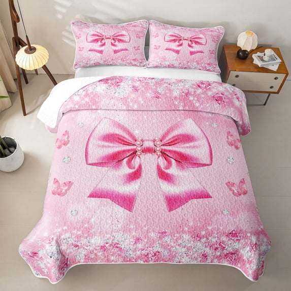 Erosebridal Pink Princess Bowknot Twin Quilt Set For Girls,3D Glitter Print Diamond Kids Twin Coverlet Set,2-Piece