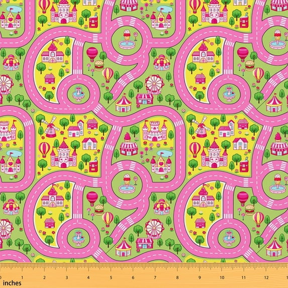 Erosebridal Pink Princess City Map Fabric by the Yard 3 Yards, Castle Ferris Wheel Road Pattern Room Decor Fabric by the Yard