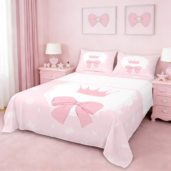 Erosebridal Pink Princess Crown Bed Sheets,Cartoon Cute Bowtie King Sheets For Kids Girls 4-Piece