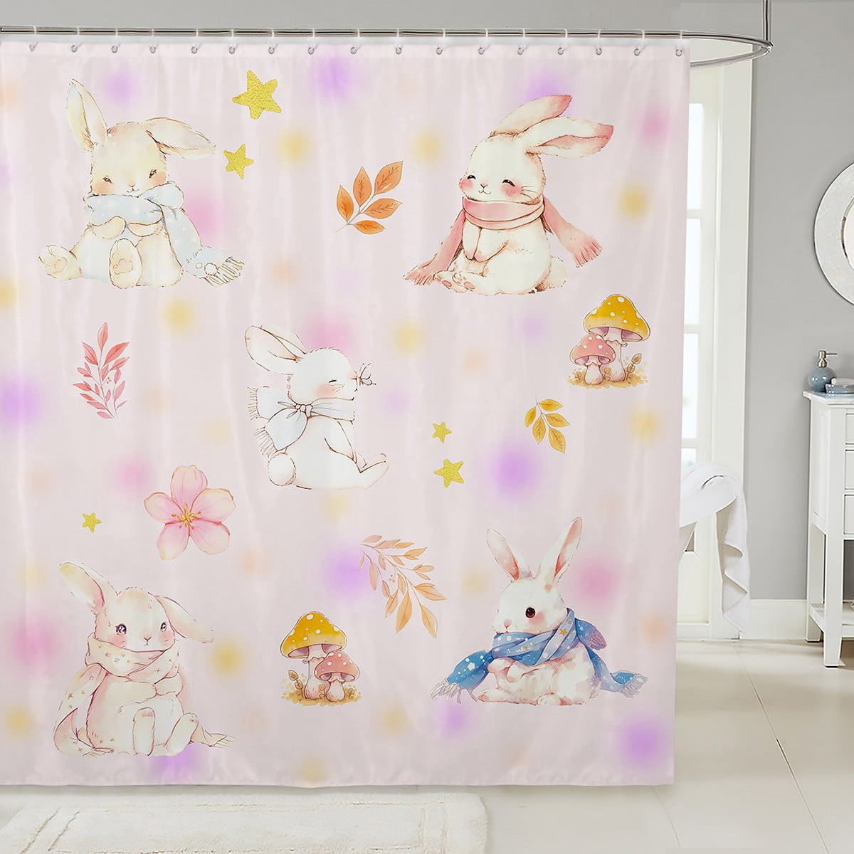 Erosebridal Pink Rabbit Bathroom Curtain 72x84, Kawaii Animal Bathroom ...
