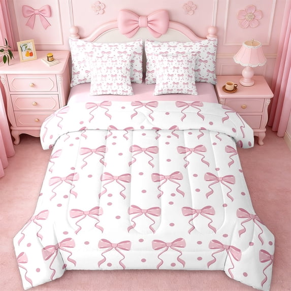 Erosebridal Pink Ribbon Bow 7-Piece Bedding Comforter Set For Girls,Cute Polka Dots King Bedding Sets For Kids,Pink Reversible
