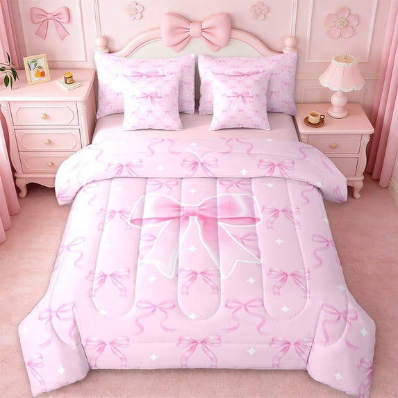 Erosebridal Pink Ribbon Bow 7-Piece Twin Bedding Sets For Girls,Cute Princess Bowknot Kids Bedding Comforter Set,Pink Reversible