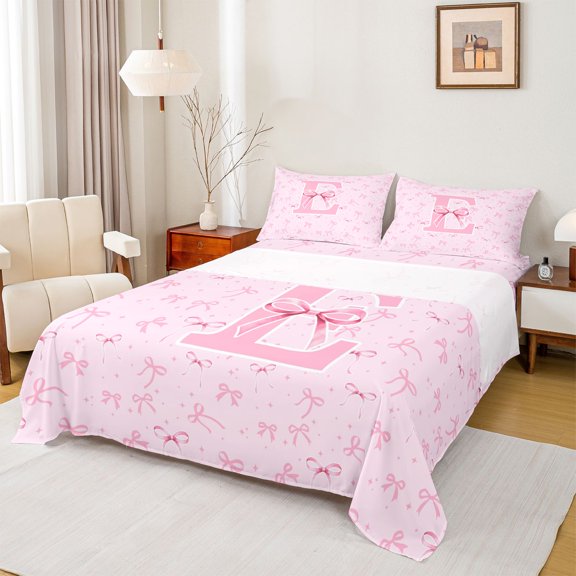 Erosebridal Pink Ribbon Bow Girl Bed Sheets 4pcs,Teens Kawaii E Personalized Initial King Sheets