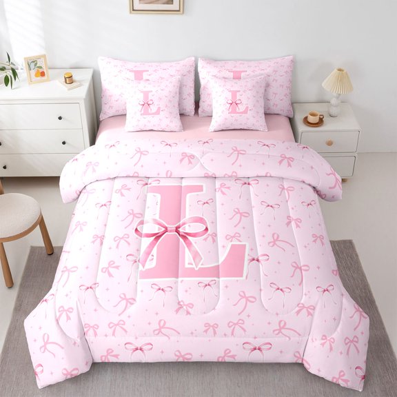 Erosebridal Pink Ribbon Bow Girl Bedding Comforter Set 7pcs,Teens Kawaii L Personalized Initial Queen Bedding Sets,Pink Reversible