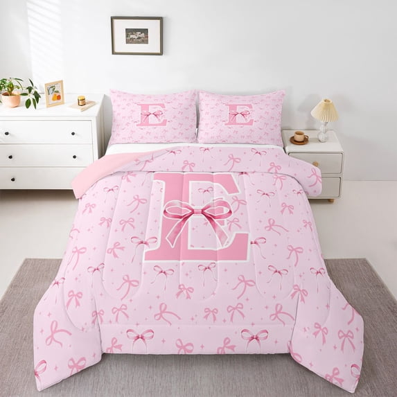 Erosebridal Pink Ribbon Bow Girl Full Size Comforter Sets 3 Pieces,Teens Kawaii E Personalized Initial Bedding Sets,Pink Reversible