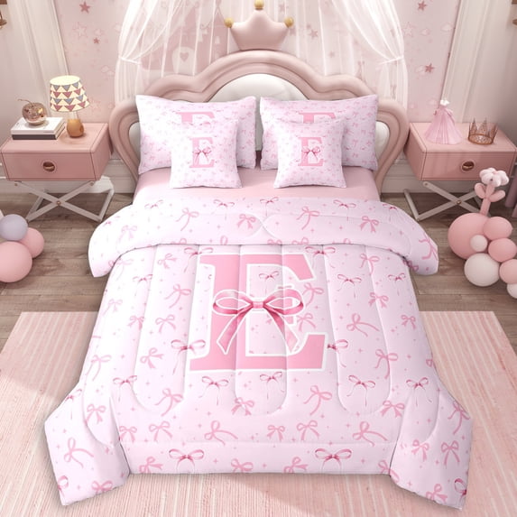 Erosebridal Pink Ribbon Bow Girl Twin Bedding Sets 7-Piece,Teens Kawaii E Personalized Initial Bedding Comforter Set,Pink Reversible
