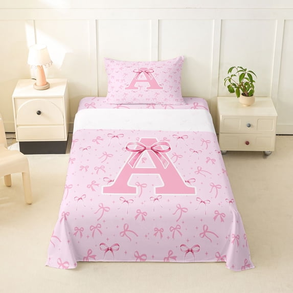 Erosebridal Pink Ribbon Bow Girl Twin Sheet Sets 3pcs,Teens Kawaii A Personalized Initial Bedding