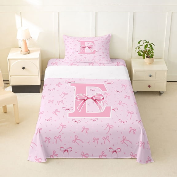 Erosebridal Pink Ribbon Bow Girl Twin Sheet Sets 3pcs,Teens Kawaii E Personalized Initial Bedding