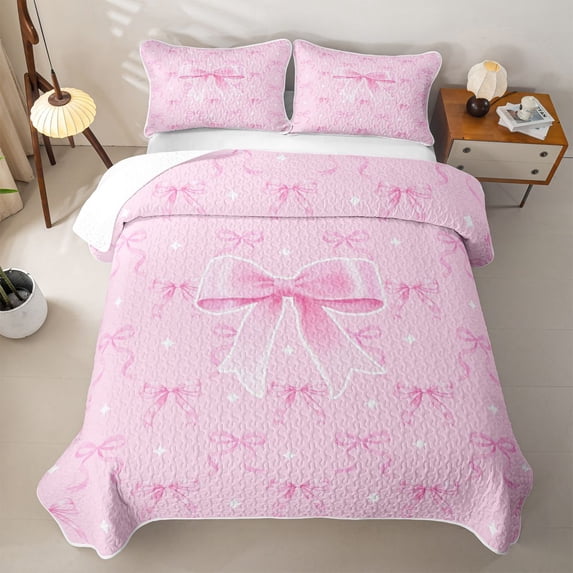 Erosebridal Pink Ribbon Bow Quilt Full For Girls,Cute Princess Bowknot Kids Full Bedspread Sets,3-Piece