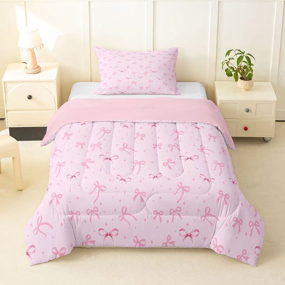 Erosebridal Pink Ribbon Bow Twin Comforter Sets 3-Piece For Teens Girls,Kids Kawaii Stars Print Bedding Set,Pink Reversible