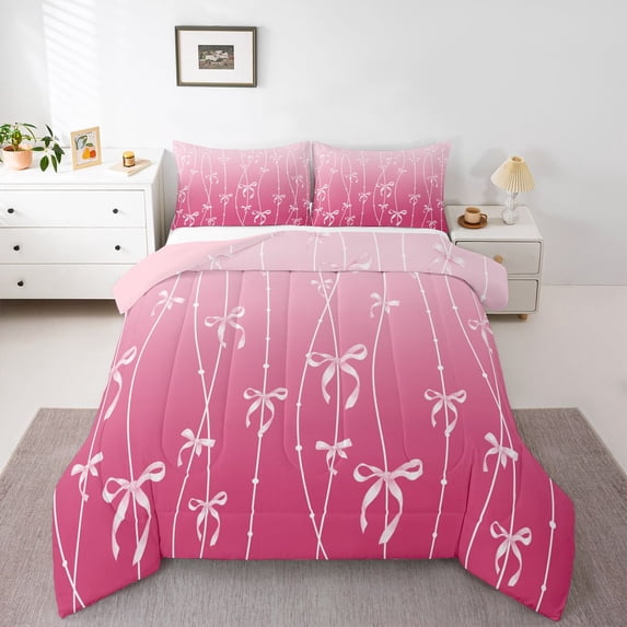 Erosebridal Pink Ribbon Bowknot Full Size Comforter Sets 3 Pieces For Teens,Girls Geometric Swirl Stripes Bedding Sets,Pink Reversible