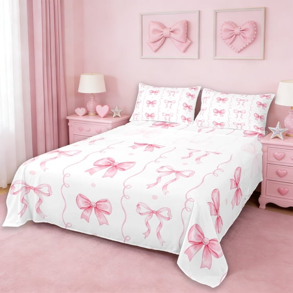 Erosebridal Pink Ribbon Bowknot Girls Full Size Sheets,Cartoon Coquette Bows Bed Sheets For Kids 4-Piece