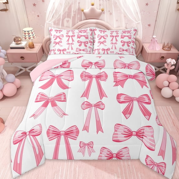 Erosebridal Pink Ribbon Bowknot Kids Full Size Comforter Sets,Cartoon Kawaii Bowtie Theme Bedding Sets For Girls,Pink Reversible,3-Piece