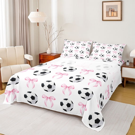 Erosebridal Pink Ribbon Bowknot Queen Sheet Sets For Bow Girl,Cartoon Soccer Pattern Ball Sport Theme Bed Set 4pcs