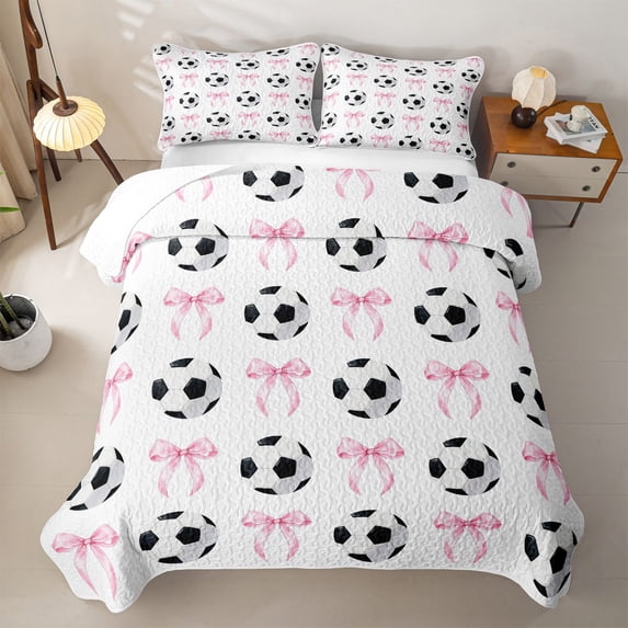 Erosebridal Pink Ribbon Bowknot Twin Quilt Set For Bow Girl,Cartoon Soccer Pattern Ball Sport Theme Twin Coverlet Set,2 Pieces