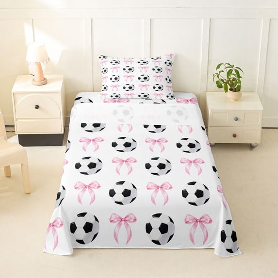 Erosebridal Pink Ribbon Bowknot Twin Sheet Sets For Bow Girl,Cartoon Soccer Pattern Ball Sport Theme Bedding 3-Piece