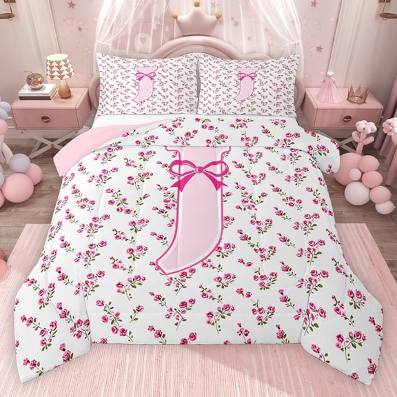 Erosebridal Pink Ribbon Floral Queen Comforter Set for Girls, Personalized Inital J Bedding Comforter Set, Pink Reversible 3 Pieces, 1 Comforter and 2 Pillowcases