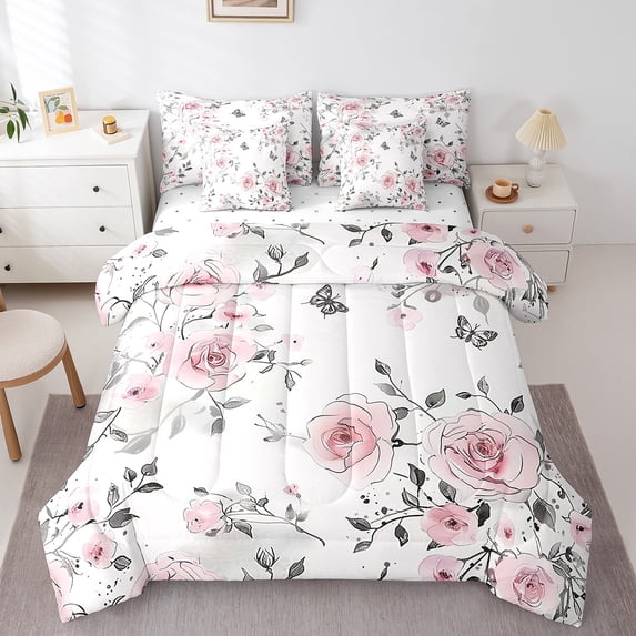 Erosebridal Pink Rose Bed in a Bag Twin size Women, Romantic Floral Bed Set, Valentine's Day Gifts