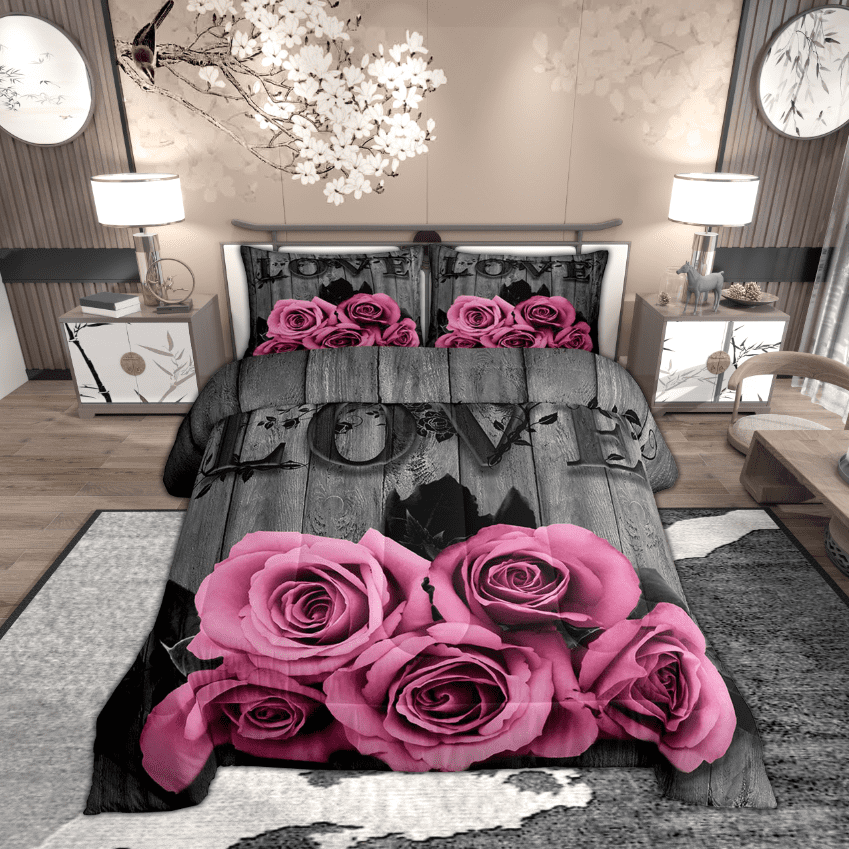 Erosebridal Pink Rose Bedding Set Queen Pink Grey Floral Comforter Set Valentine'S Day Wedding Bed Comforter Gifts Teen Women,Blossom Flower Quilt Duvet Rustic Farmhouse Room Decor 3 Pcs