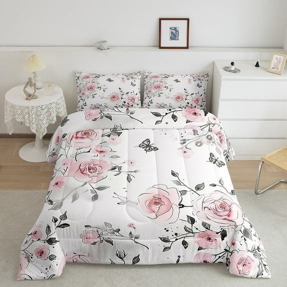 Erosebridal Pink Rose Bedding Sets Full with Comforter Women, Romantic Floral Duvet Insert, Valentine's Day Gifts