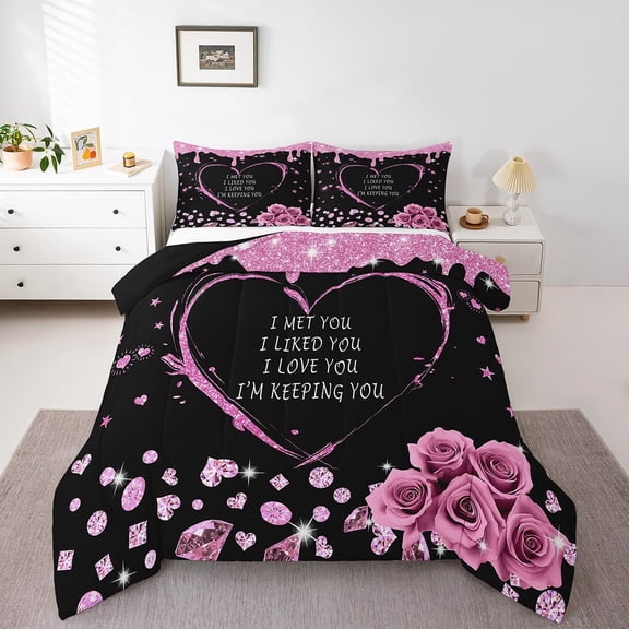 Erosebridal Pink Rose Comforter Sets Queen Size , Romantic Valentines Comforters & Duvets, Chic Diamonds Decor
