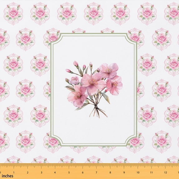 Erosebridal Pink Rose Damask Fabric by the Yard 5 Yards, Cherry Blossom Frame Flower Pattern Fabric for Sewing