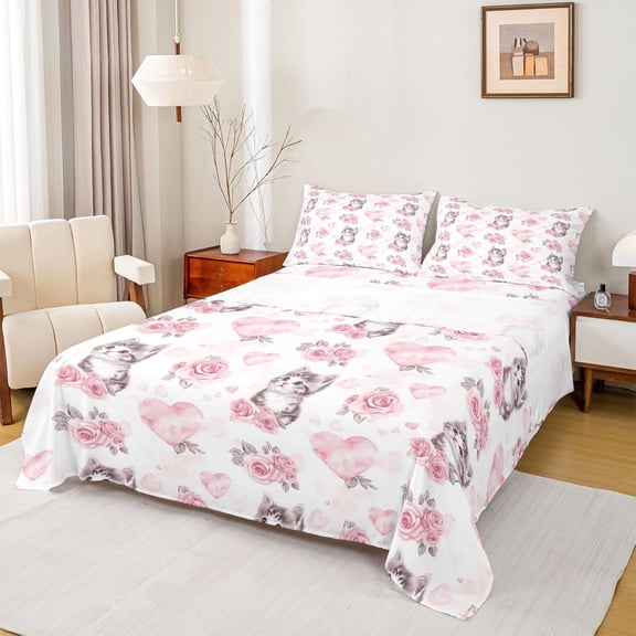 Erosebridal Pink Rose Flower Bed Sheets, Kawaii Cat Lover King Sheets, 4pcs