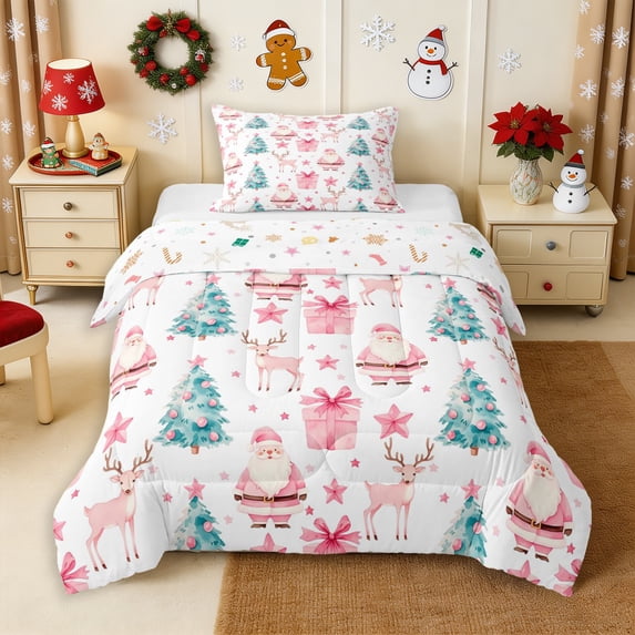 Erosebridal Pink Santa Full Size Comforter Sets 3-Piece,Pastel Christmas Bedding Comforter Set,Pink White,Reversible,1 Comforter and 2 Pillowcases