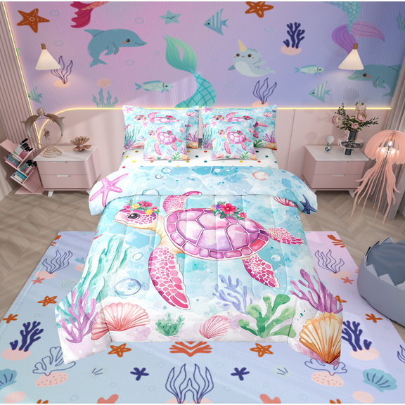 Erosebridal Pink Sea Turtle Bedding Sets Queen Size, Watercolor Ocean Comforter Sets with Sheets, Marine Coral Reversible Bed Set, Breathable Bedroom Decoration, 7pcs