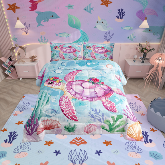 Erosebridal Pink Sea Turtle Comforter Sets Full Size, Watercolor Ocean Comforters & Duvets, Marine Coral Reversible Duvet Insert, Breathable Bedroom Decoration, 3pcs