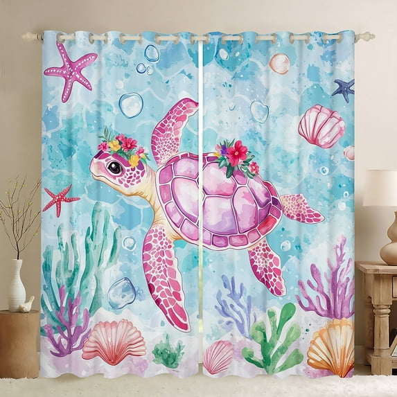 Erosebridal Pink Sea Turtle Curtains and Drapes (38x45), Watercolor Ocean 30%-50% Blackout Curtains for Bedroom, Marine Coral Curtains for Living Room, Window Drapes Bedroom Decoration