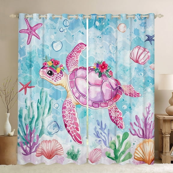 Erosebridal Pink Sea Turtle Curtains and Drapes (38x45), Watercolor Ocean 30%-50% Blackout Curtains for Bedroom, Marine Coral Curtains for Living Room, Window Drapes Bedroom Decoration