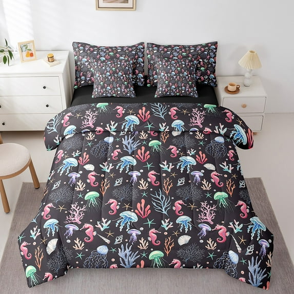 Erosebridal Pink Seahorse Bed in a Bag Queen Size,Cartoon Jellyfish Bed Set,Sealife Coral Bedding Queen Size,Ultra Soft Room Decor Reversible,7 Pieces